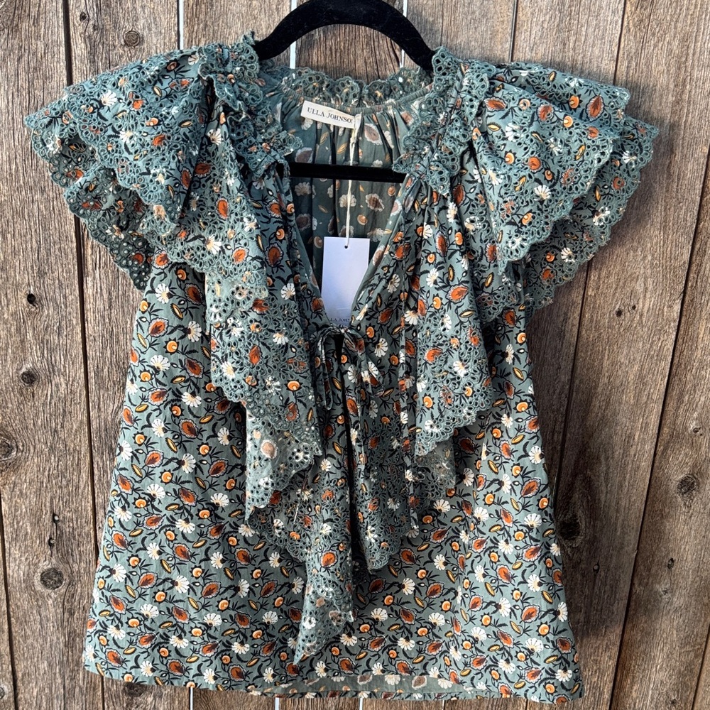 Ulla Johnson Floral Lace Ruffle Blouse - Teal and Orange nwt